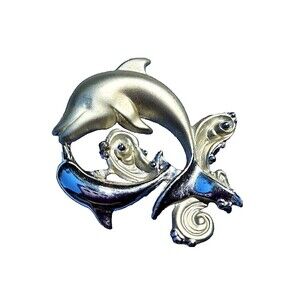 Vintage AJC Porpoise Dolphin Brooch Pin Silver Tone 2 inch